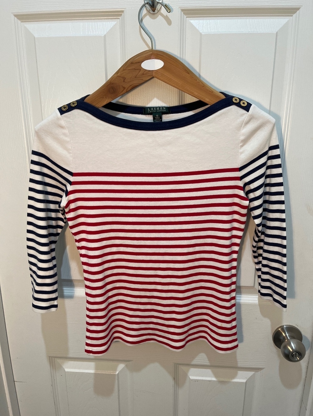 Lauren Ralph Lauren Navy Red Striped Boat Neck Nautical Top Gold Buttons M⁠